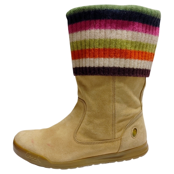 Coach Shoes - Coach Tatum Tan Suede Multicolor Wool Knit Sweater Cuff Boots Women's Size 9